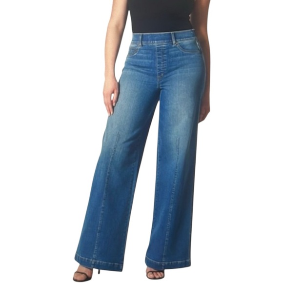SPANX Denim - SPANX High Rise Wide Leg Pull On Front Seam Vintage Indigo Jeans Large Petite